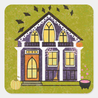 Cute Witchy Haunted Halloween Cottage Quadratischer Aufkleber