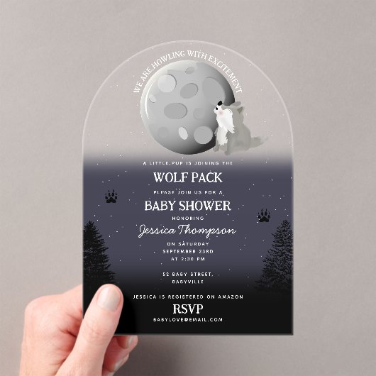 Cute Wolf Pack Woodland Moon Howling Baby Shower Acryleinladungen (Insitu (Handheld))