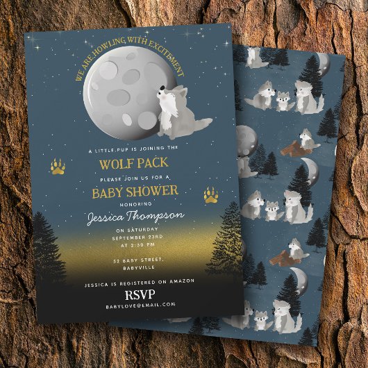 Cute Wolf Pack Woodland Moon Howling Baby Shower Einladung