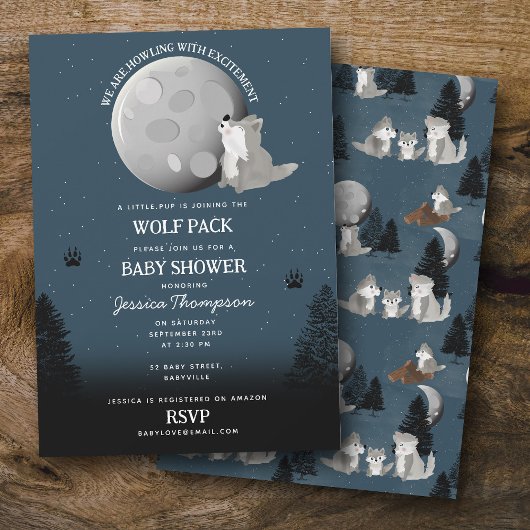Cute Wolf Pack Woodland Moon Howling Baby Shower Einladung