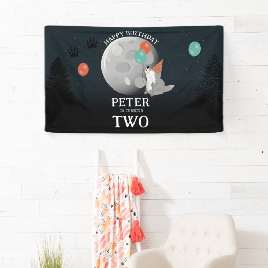 Cute Wolf Pack Woodland Moon Howling Birthday Banner (Insitu)