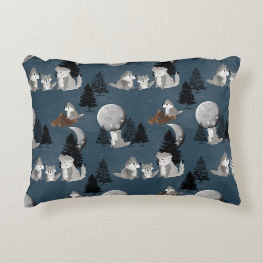 Cute Wolf Pack Woodland Night Baby Nursery Dekokissen (Vorderseite)