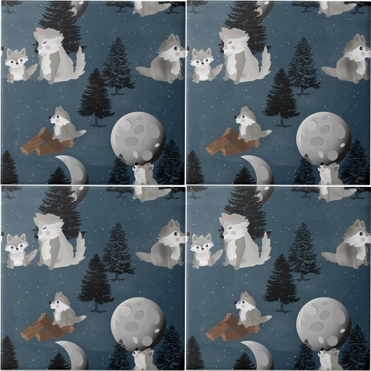 Cute Wolf Pack Woodland Night Sky Moon Fliese