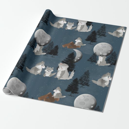 Cute Wolf Pack Woodland Night Sky Moon Geschenkpapier (Ungerollt)