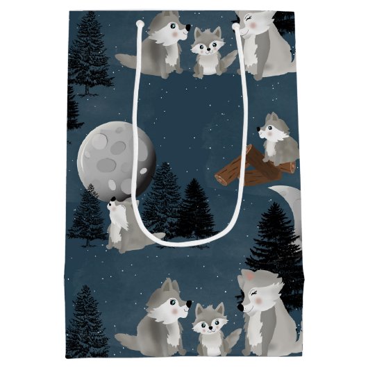 Cute Wolf Pack Woodland Night Sky Moon Mittlere Geschenktüte (Rückseite)