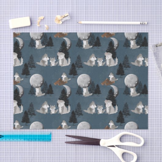 Cute Wolf Pack Woodland Night Sky Moon Seidenpapier (Handwerk)