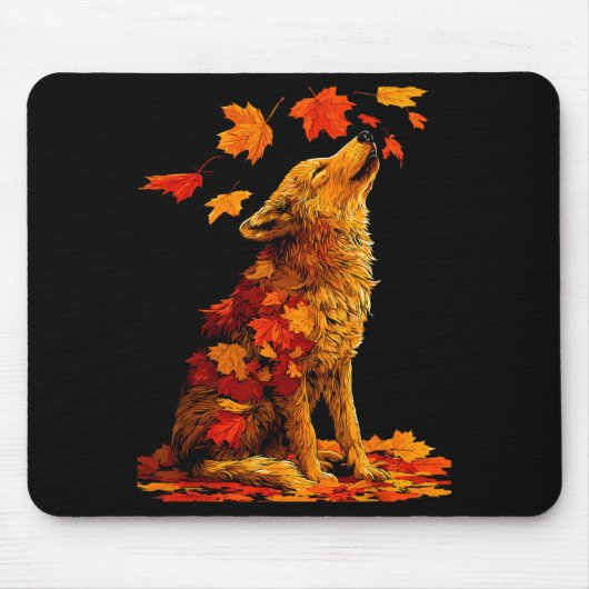 Cute Wolf With Fall Leaves Forest Animal Autumn Ae Mousepad (Vorne)