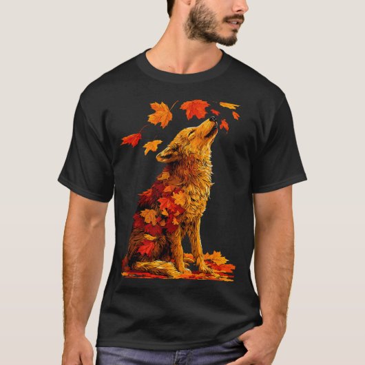 Cute Wolf With Fall Leaves Forest Animal Autumn Ae T-Shirt (Vorderseite)