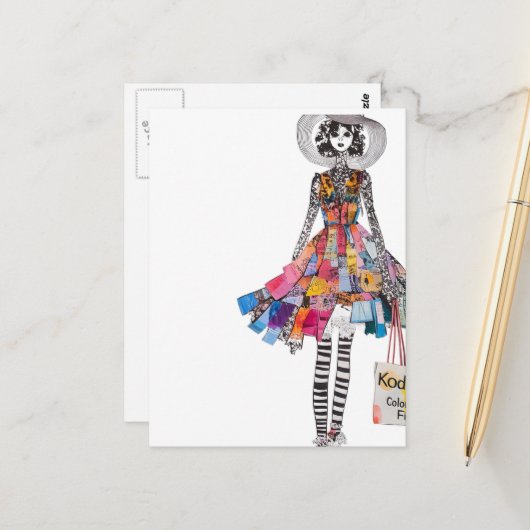 Cute Woman in Collage Fashions Outfit Postkarte (Vorderseite/Rückseite Beispiel)