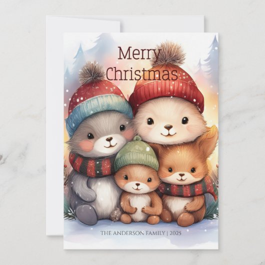 Cute Woodland Animal Family Merry Christmas Karte (Vorderseite)