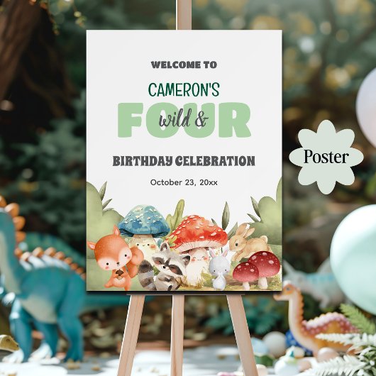 Cute Woodland Animals 4th Birthday Party Welcome Poster