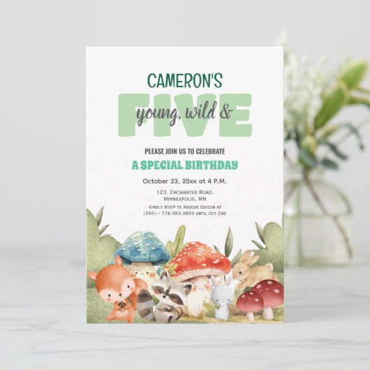 Cute Woodland Animals 5th Birthday Party  Einladung (Stehend Vorderseite)