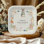 Cute Woodland Animals Baby Shower Gingham Plates Pappteller<br><div class="desc">Make Emma's baby shower extra enchanting with these adorable personalized paper plates! A sweet watercolor wreath frames a classic bunny at the center, joined by playful mice with hearts, a cuddly teddy bear, clever fox, prickly hedgehog, another bunny, and a wise owl perched among soft florals, leaves, berries, butterflies, and...</div>