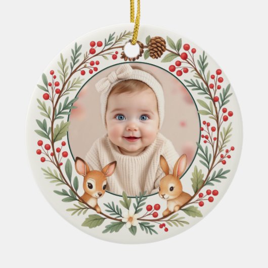 Cute Woodland Baby First Christmas Keepsake Keramik Ornament (Vorne)