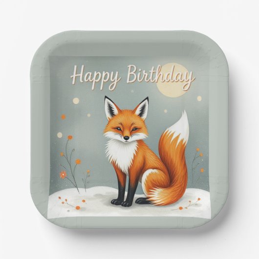 Cute Woodland Brown Fox Happy Birthday Pappteller (Vorderseite)