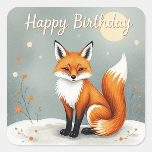 Cute Woodland Brown Fox Happy Birthday Quadratischer Aufkleber (Vorderseite)