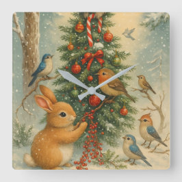 Cute woodland bunny Christmas cozy festive winter  Quadratische Wanduhr