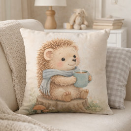Cute Woodland Hedgehog with Mug Neutral Kids Room Kissen