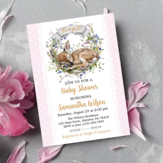 Cute Woodland Sleeping Doe Baby Shower Invitation Einladung