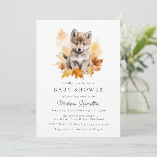 Cute Woodland Wolf Pup Fall Baby Shower Einladung (Stehend Vorderseite)