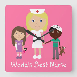 Cute World's Best Nurse with Kids Pink Clock Quadratische Wanduhr