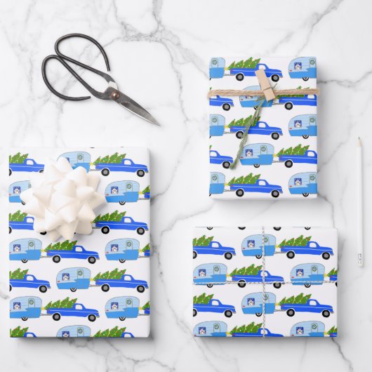 Cute Xmas Trailers RVs Trucks Blue Christmas Geschenkpapier Set (Vorderseite)