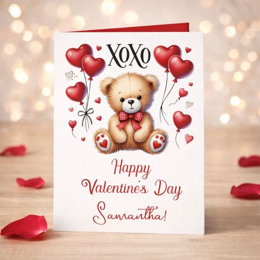 Cute XOXO Bear with Heart Balloons Feiertagskarte