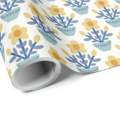 Cute, yellow and blue floral Wrapping Paper Geschenkpapier (Rolleneckpunkt)