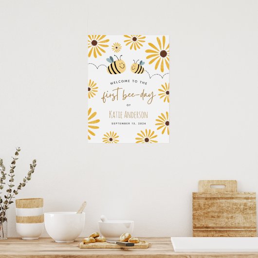Cute Yellow Bee Sunflower First Bee-day Welcome Poster (Küche)