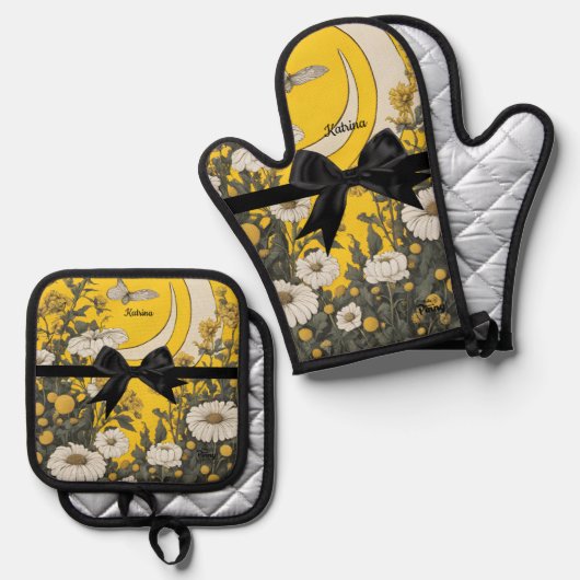 Cute Yellow Black Bow Easter Ofenhandschuh & Topflappen-Set (Vorderseite/Rückseite)