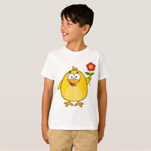 Cute Yellow Cartoon Chick with Flower T-Shirt (Vorne ganz)
