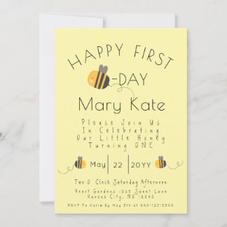 Cute Yellow Customized Honey Bee First Birthday Einladung