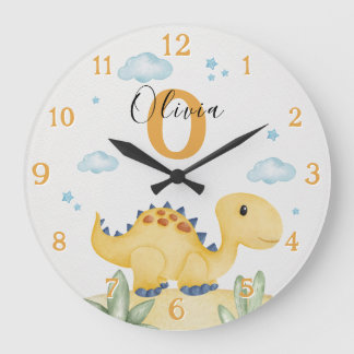 Cute Yellow Dinosaur Nursery Large Clock Personali Große Wanduhr
