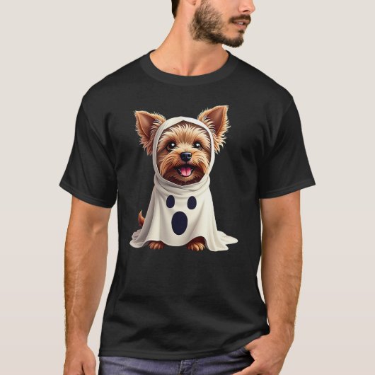 Cute Yorkie Dog Halloween Costume Party Ghost T-Shirt (Vorderseite)