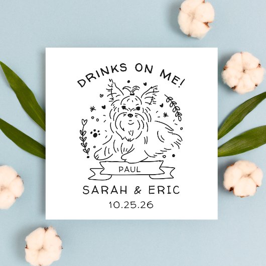 Cute Yorkshire Terrier Dog Wedding Drinks on Me Serviette