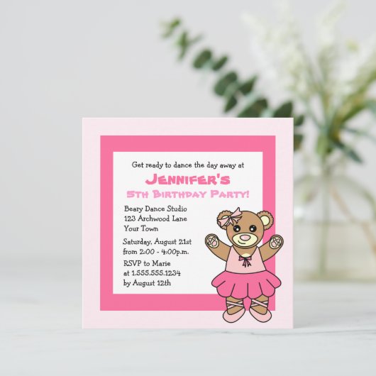 CuteBallet Teddy Bär Theme Party Einladung (Stehend Vorderseite)