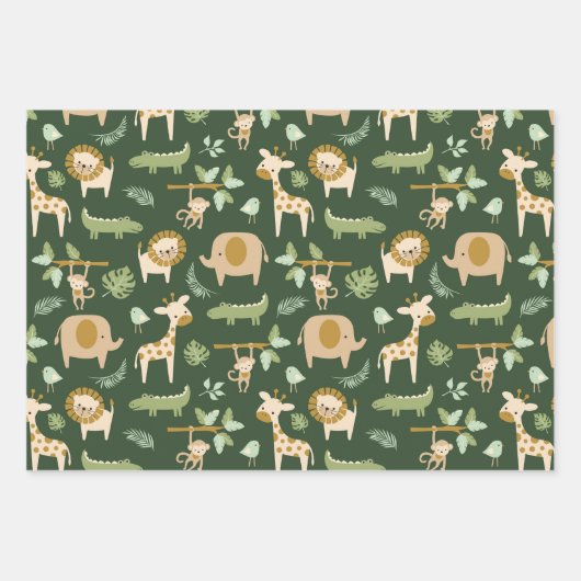 CuteJungle Tiere im dunkelgrünen Hintergrund Geschenkpapier Set (Vorderseite 3)