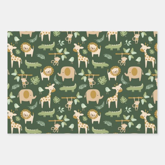 CuteJungle Tiere im dunkelgrünen Hintergrund Geschenkpapier Set (Vorderseite)