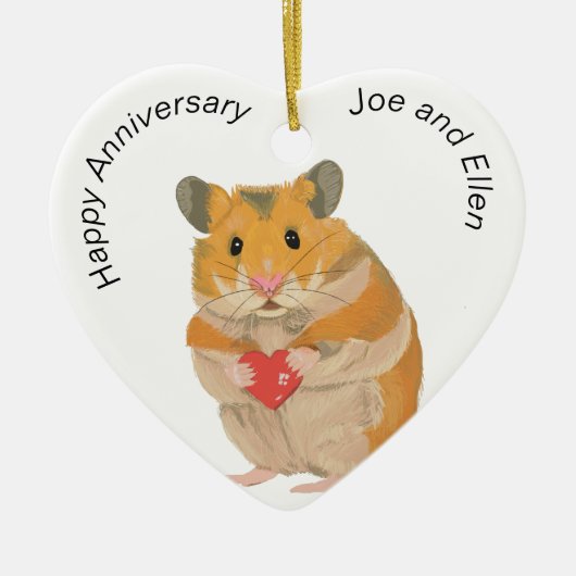 CuteLittle Hamster Holding a Heart Anniversary Keramik Ornament (Vorne)