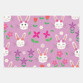 CuteOsterbunnies mit rosa Orange Lila Blume Geschenkpapier Set