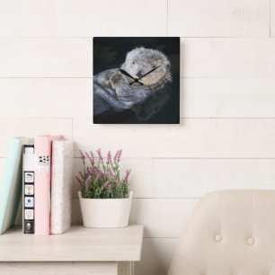 Cutest Baby Animals   Sea Otter Floating Quadratische Wanduhr