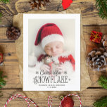 Cutest little snowflake photo birth announcement feiertagspostkarte<br><div class="desc">Spread the news of your latest addition to your family with this Christmas and winter-themed holiday birth announcement postcard. Easily customize the front of the card with your baby's name and date of birth, and with one of your favorite newborn pictures with a lovely dark grey overlay script that reads...</div>