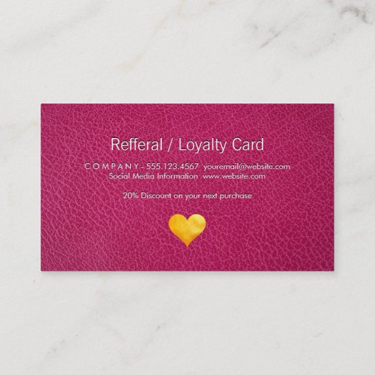 Cutesy Gold Heart Vielen Dank | Rosa Leder Treuekarte (Rückseite)