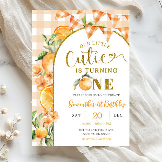 Cutie Orange Gingham 1. Geburtstag Einladung