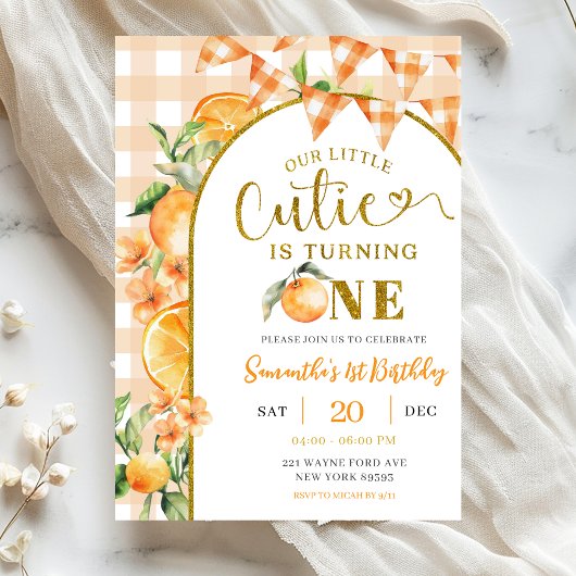 Cutie Orange Gingham 1. Geburtstag Einladung
