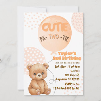 Cutie Pa-TWO-tie Peach Bear Balloons 2nd Birthday Einladung