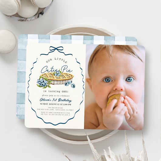 Cutie Pie Blueberry Blue Bow Photo 1st Birthday Einladung