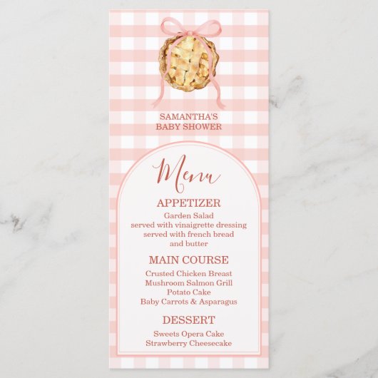 Cutie Pie Pastel Pink Bow Gingham Fall Baby Shower Menükarte (Vorderseite)