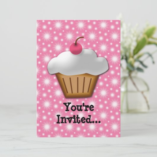 Cutout Cupcake mit rosa Kirsche oben Einladung (Stehend Vorderseite)