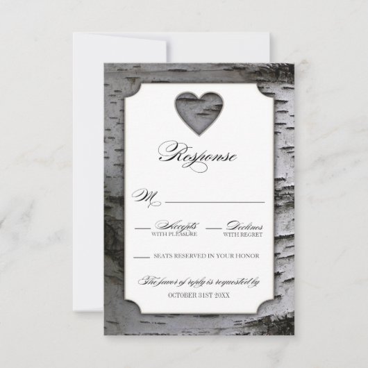 Cutout Heart Birch Tree Bark Wedding RSVP Cards Karte (Vorderseite)